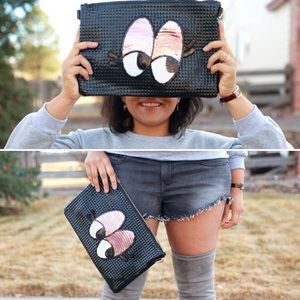 Black Sequin Eye Embossed Clutch with Chain